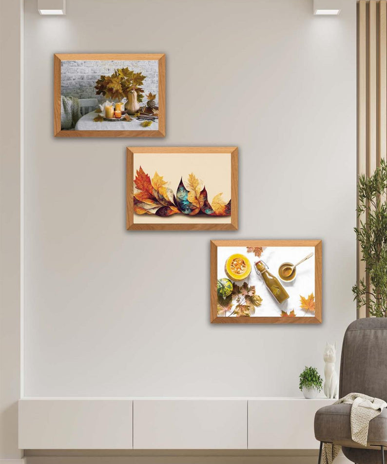 3 Parça Çınar Yapakları Sonbahar Yansıtan Ahşap Çerçeve Görünümlü Mdf Tablo Seti