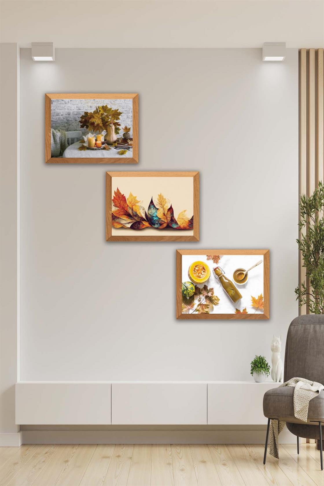 3 Parça Çınar Yapakları Sonbahar Yansıtan Ahşap Çerçeve Görünümlü Mdf Tablo Seti