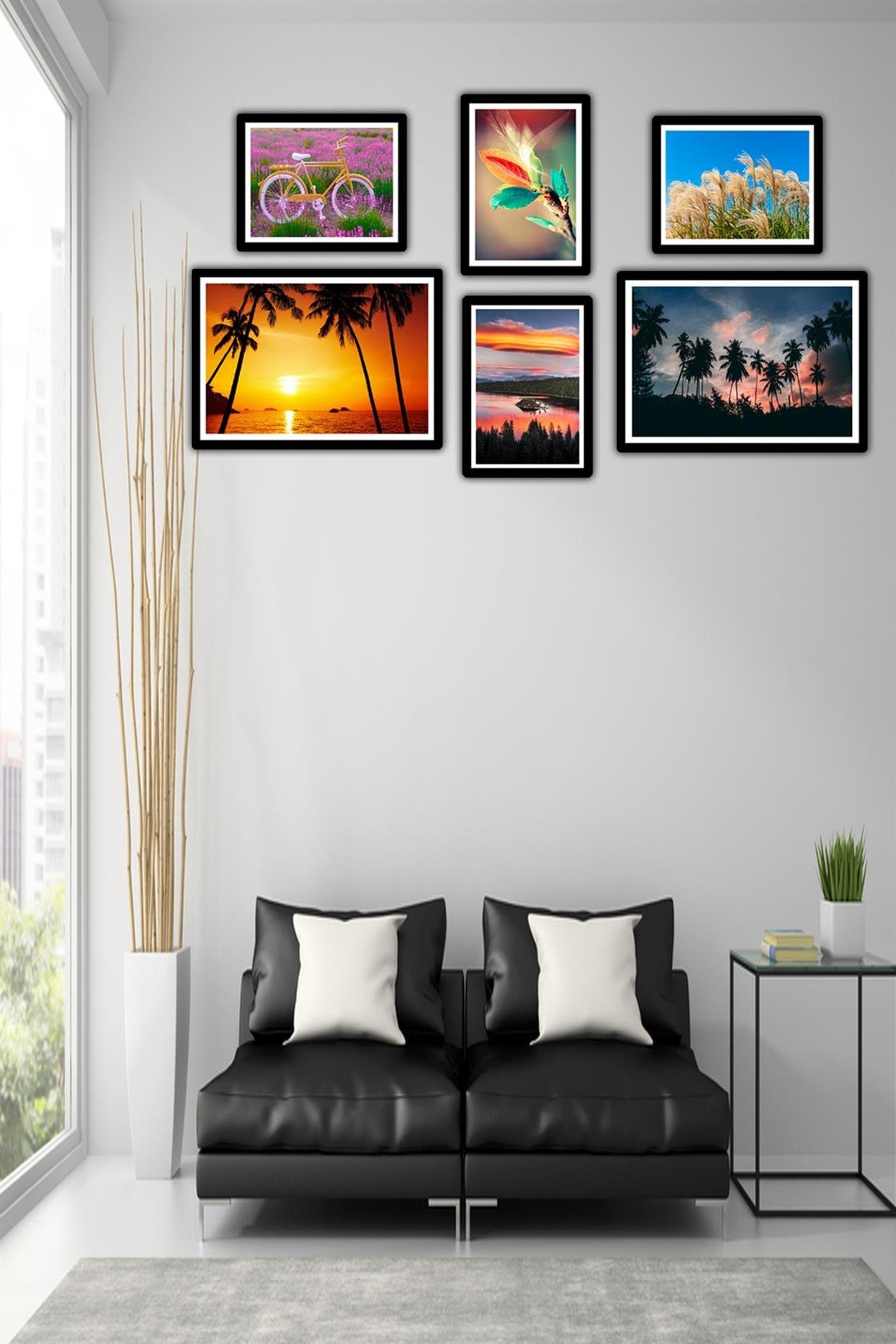 6 Parça Manzara Resimleri Siyah Çerçeve Görünümlü Uv Baskı Mdf Tablo Seti