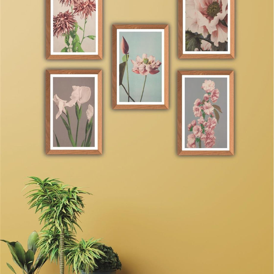 5 Parça Ahşap çerçeve Görünümlü Çiçek Desenli Uv baskı Mdf Tablo Seti