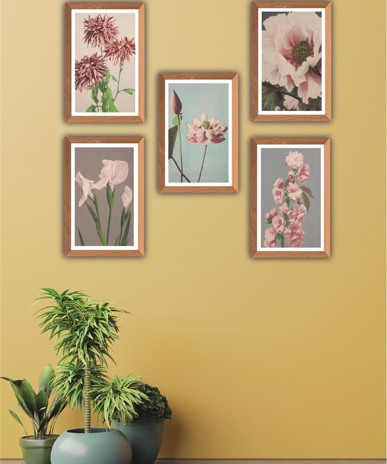 5 Parça Ahşap çerçeve Görünümlü Çiçek Desenli Uv baskı Mdf Tablo Seti