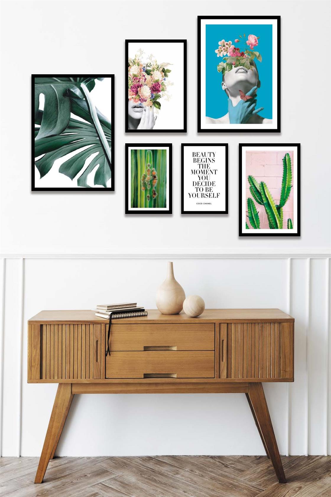 Sanatsal Kadın Yeşil Çiçek Ve Kaktüs Temalı Tablo Seti