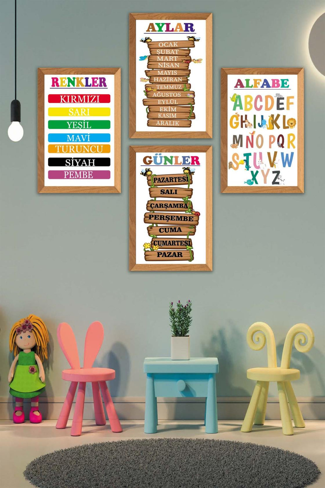 4 Parça Çoçuklar İçin Renkli Alfabe Sayılar Ve Aylar Eğitici Tablo Ahşap Çerçeve Görünümlü