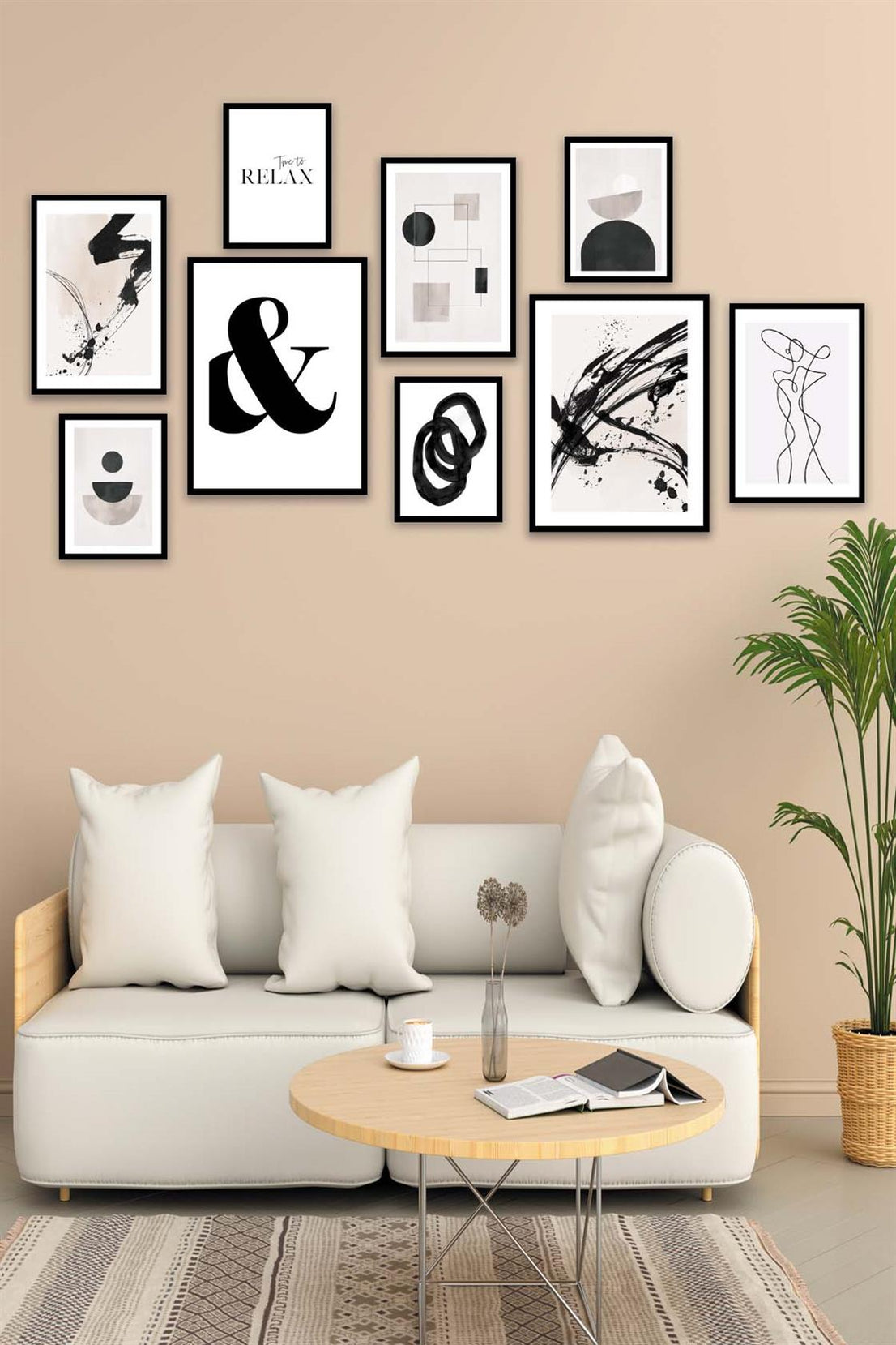 Siyah Geometrik Ve Line Art Temalı Tablo Seti