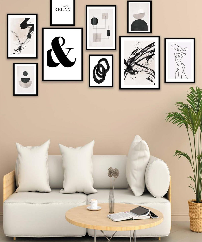 Siyah Geometrik Ve Line Art Temalı Tablo Seti