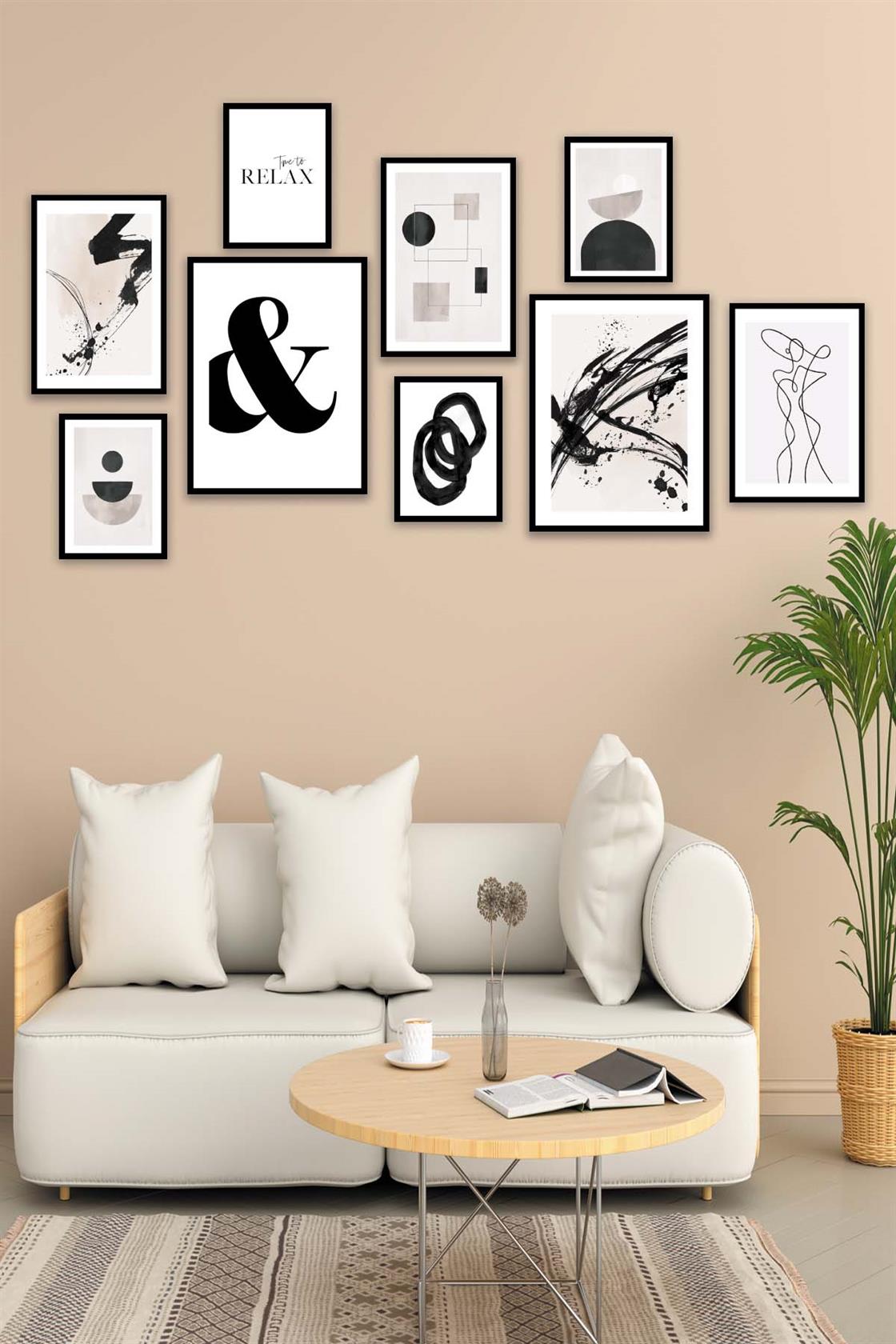 Siyah Geometrik Ve Line Art Temalı Tablo Seti