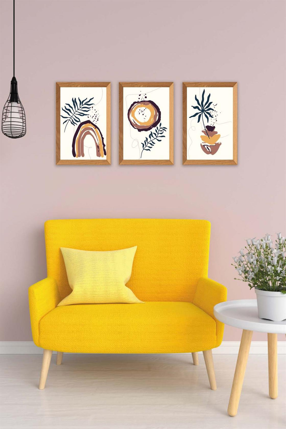 3 Parça Bohem Tarzında Ahşap Çerçeve Görünümlü Dijital Baskı Tablo Seti