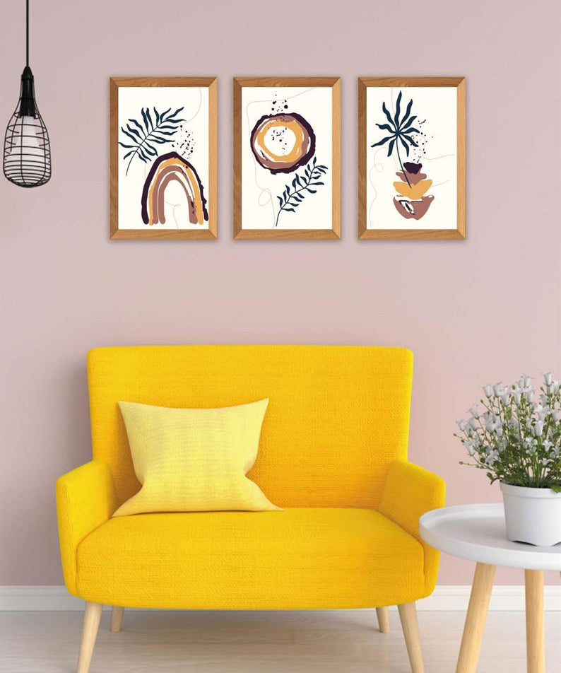 3 Parça Bohem Tarzında Ahşap Çerçeve Görünümlü Dijital Baskı Tablo Seti