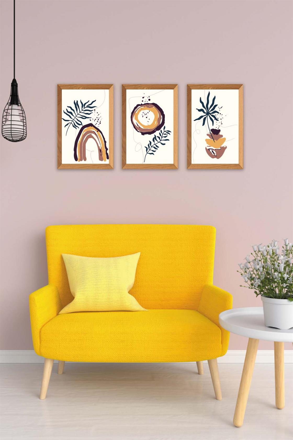 3 Parça Bohem Tarzında Ahşap Çerçeve Görünümlü Dijital Baskı Tablo Seti