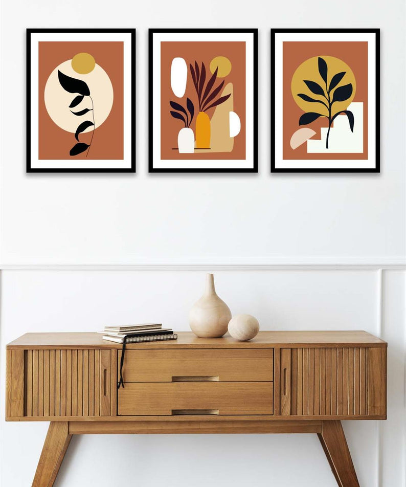 3 Parça Bohem Tarzında Sanatsal (Siyah çerçeve görünümlü) Uv Baskı Mdf Tablo Seti