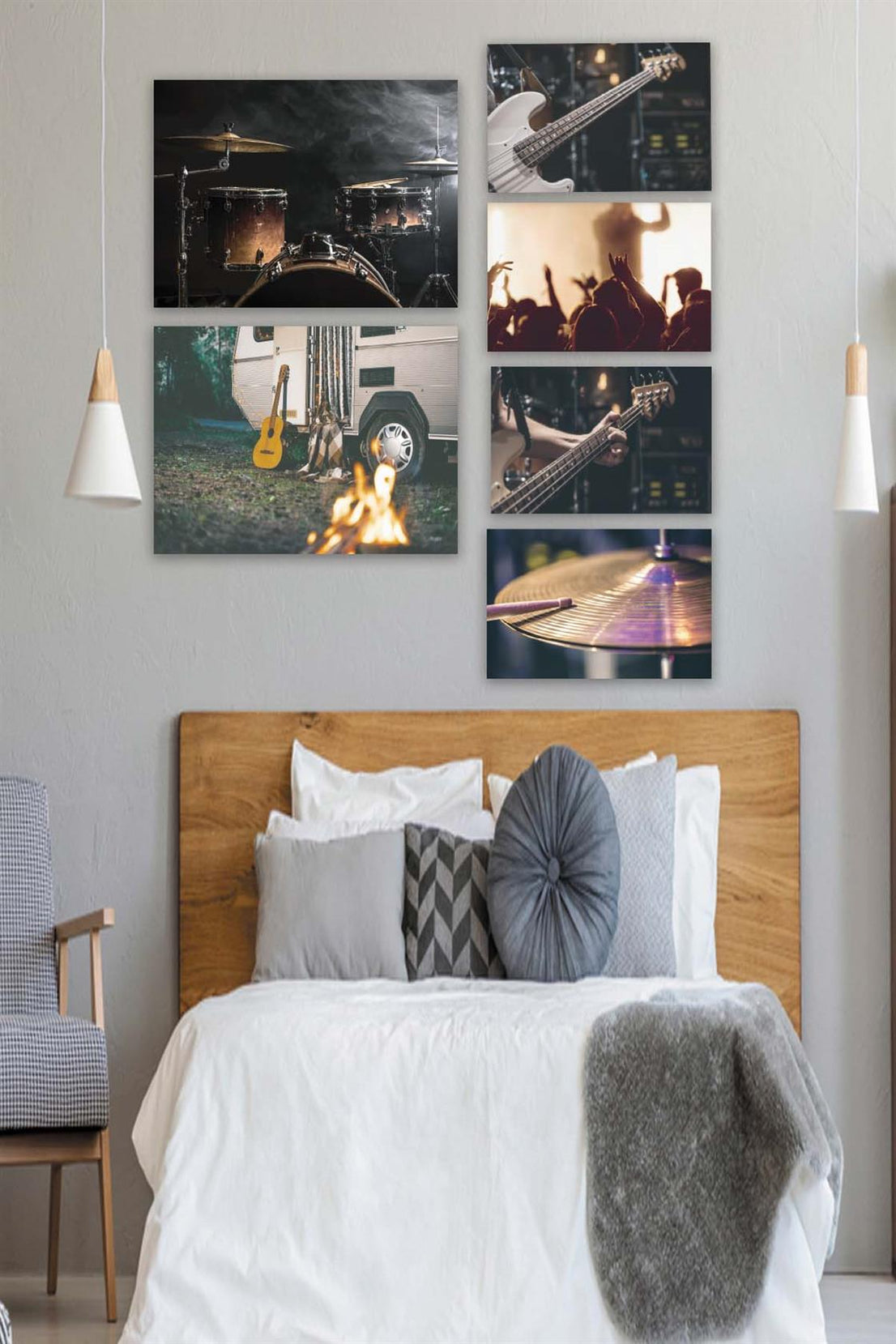 6 Parça Müzik Severlere Özel Gitar Ve Bateri Ahşap Mdf Tablo Seti