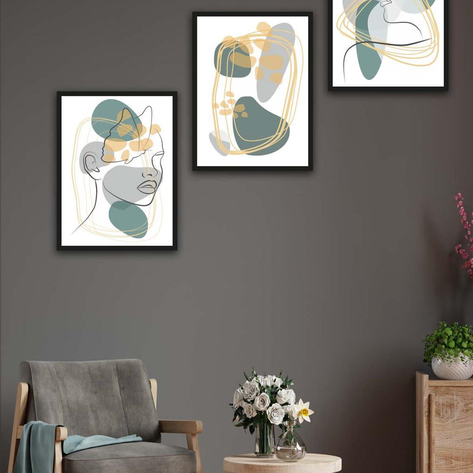 3 Parça Modern Lineart Suliet Tarzda Sanatsal Siyah Çerçeve Görünümlü Uv Baskı Mdf Tablo Seti