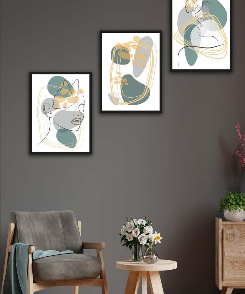 3 Parça Modern Lineart Suliet Tarzda Sanatsal Siyah Çerçeve Görünümlü Uv Baskı Mdf Tablo Seti