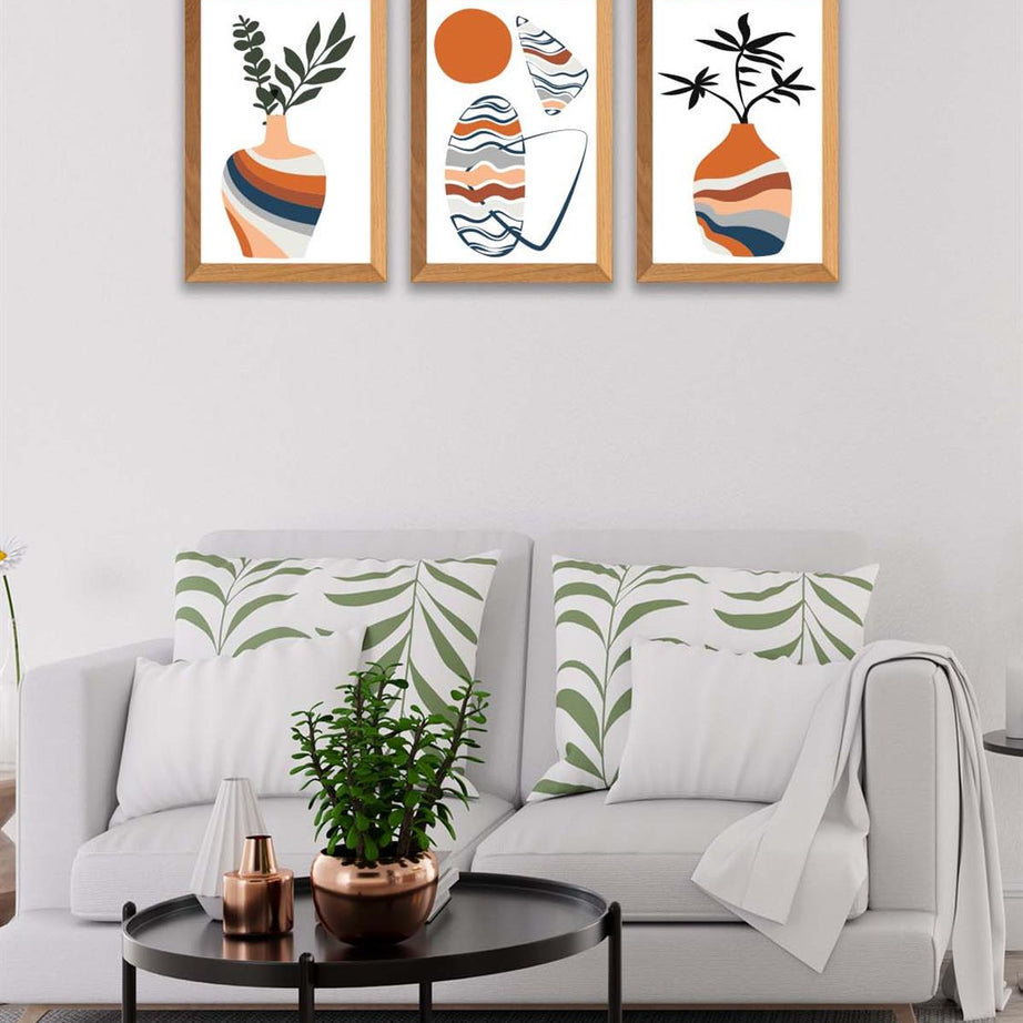 3 Parça Modern Sanatsal Bohem Tarzda (Ahşap çerçeve görünümlü) Uv Baskı Mdf Tablo Seti