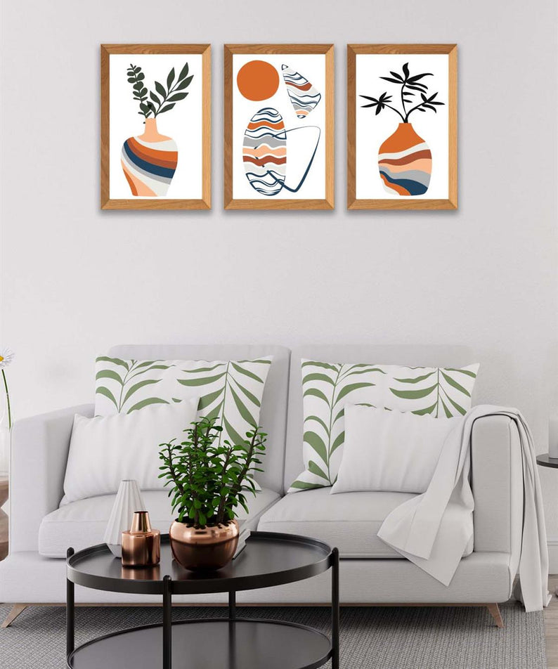3 Parça Modern Sanatsal Bohem Tarzda (Ahşap çerçeve görünümlü) Uv Baskı Mdf Tablo Seti