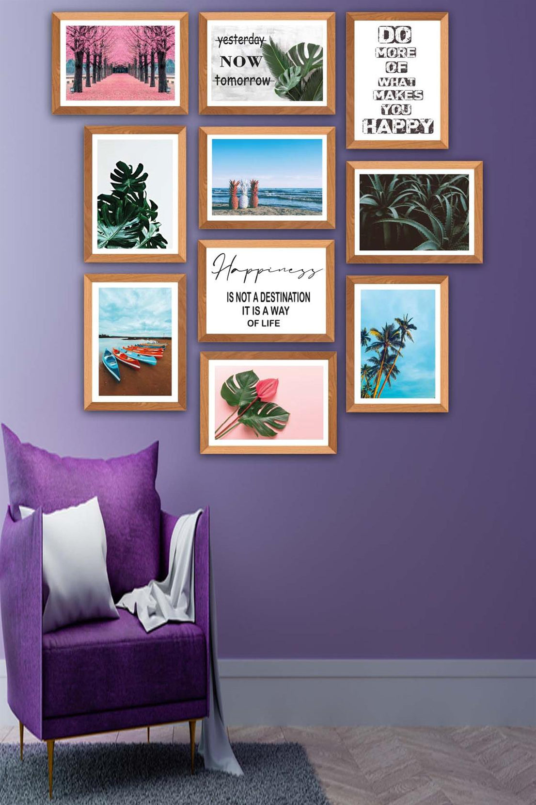 10 Parça Modern Botanik Yaprak Ve Yaz Manzarası (Ahşap Çerçeve Görünümlü) Uv Baskı Tablo Seti