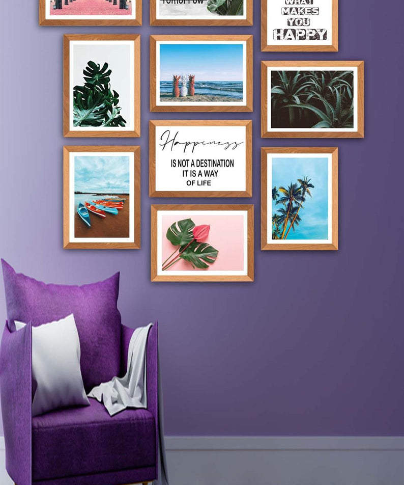 10 Parça Modern Botanik Yaprak Ve Yaz Manzarası (Ahşap Çerçeve Görünümlü) Uv Baskı Tablo Seti