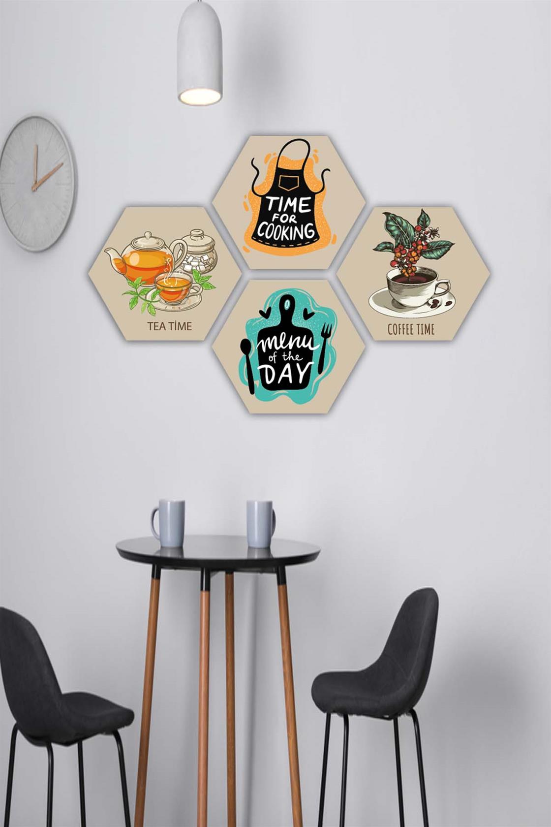 4 Parça Altıgen Mutfak Petek Tasarım Mdf Tablo Seti