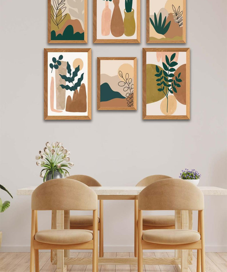 6 Parça Sanatsal Bohem Tarzında (Ahşap çerçeve görünümlü) Uv Baskı Mdf Tablo Seti