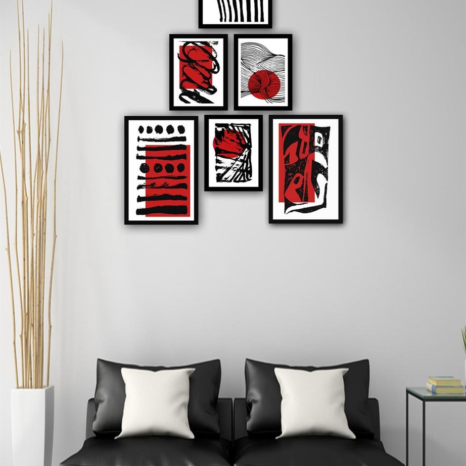 6 Parça Modern Sanat Tarzında Siyah Çerçeve Görünümlü Uv Baskı Mdf Tablo Seti