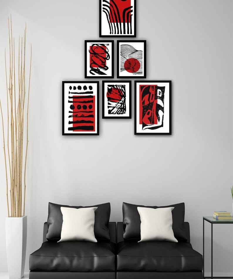 6 Parça Modern Sanat Tarzında Siyah Çerçeve Görünümlü Uv Baskı Mdf Tablo Seti
