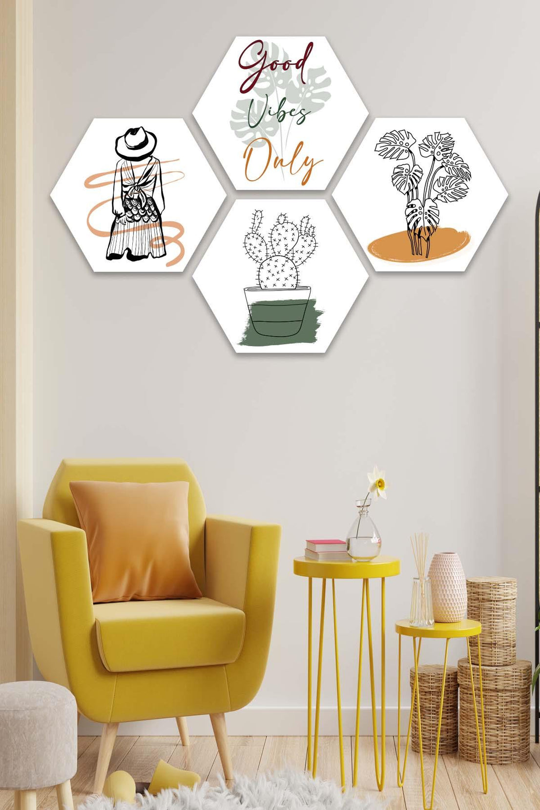 4 Parça Bohem Tarzında Petek Tasarım Tablo Seti