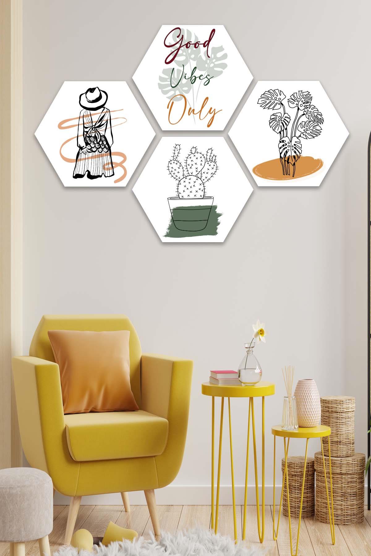 4 Parça Bohem Tarzında Petek Tasarım Tablo Seti