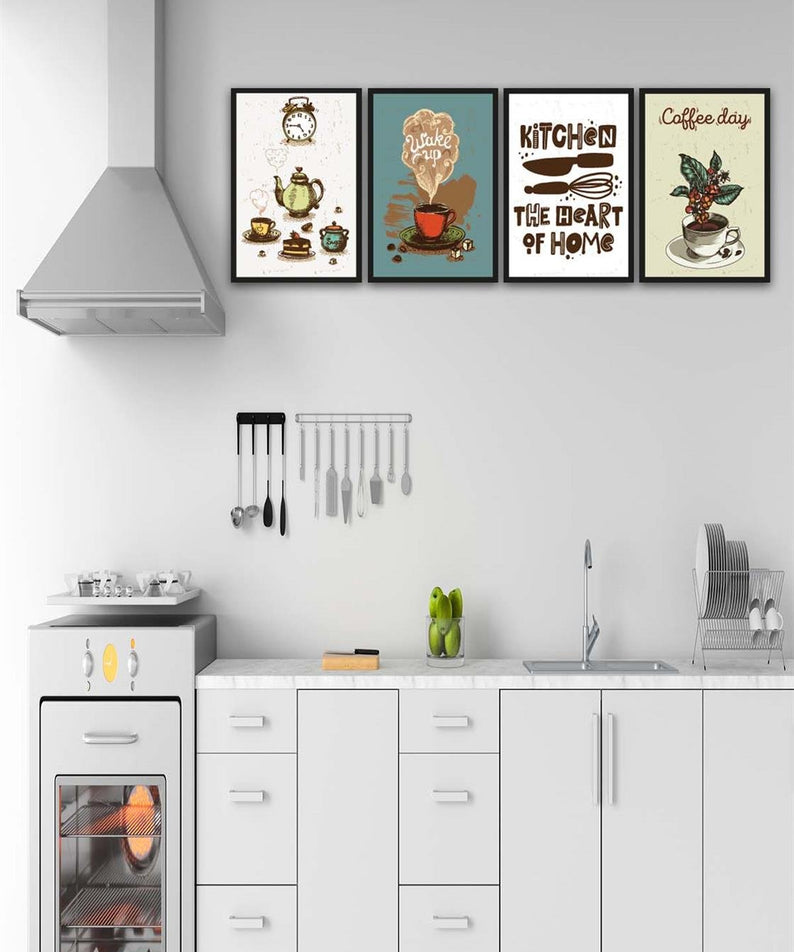 4 Parça Mutfak ve Cafe Dekorları İçin Mdf Tablo Seti