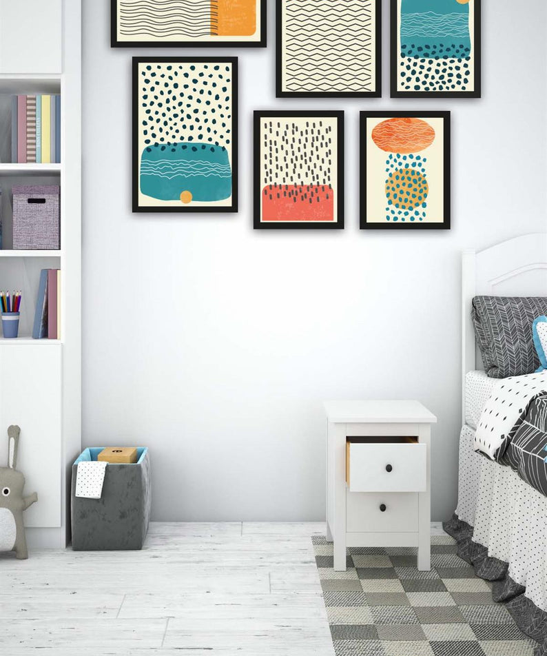 6 Parça Çizim Bohem Tarzda (Siyah Çerçeve Görünümlü) Uv Baskı Tablo Seti