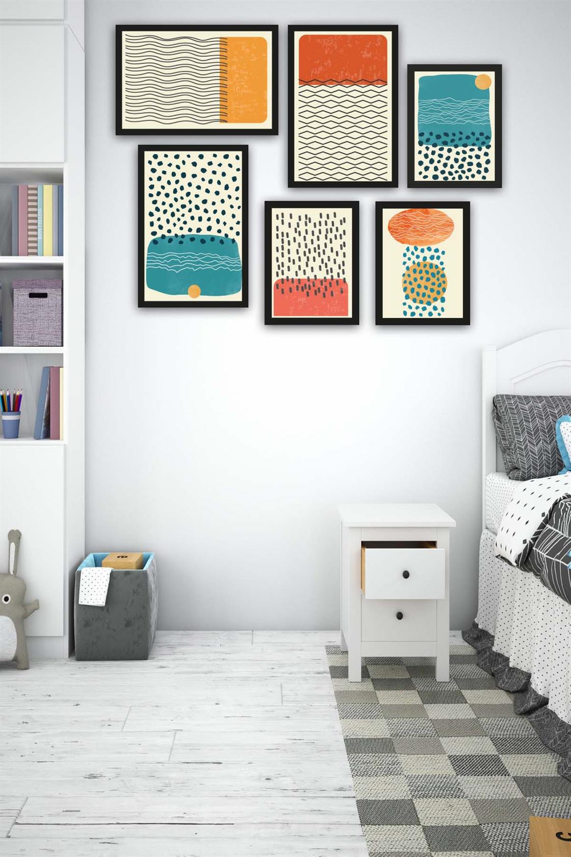 6 Parça Çizim Bohem Tarzda (Siyah Çerçeve Görünümlü) Uv Baskı Tablo Seti