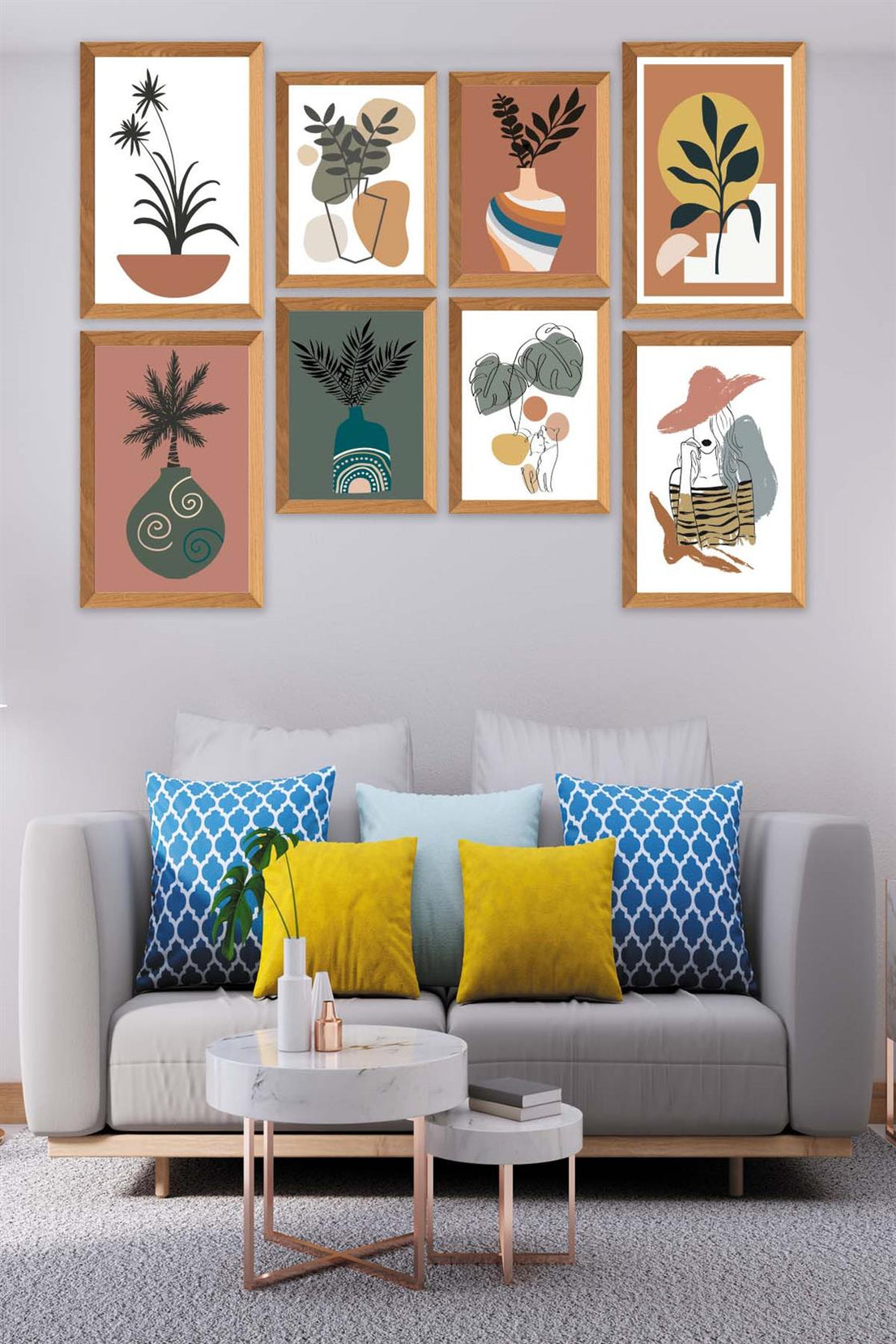 8 Parça Modern Sanatsal Bohem Tarzda (Ahşap çerçeve görünümlü) Uv Baskı Mdf Tablo Seti