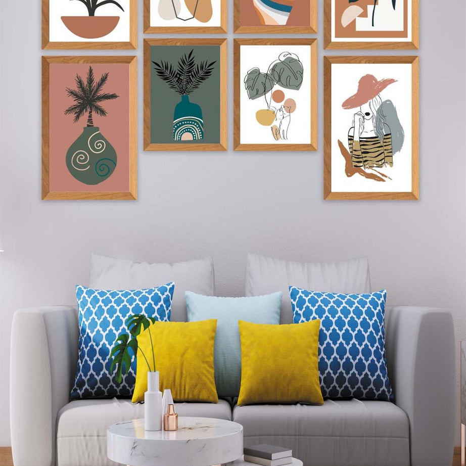 8 Parça Modern Sanatsal Bohem Tarzda (Ahşap çerçeve görünümlü) Uv Baskı Mdf Tablo Seti