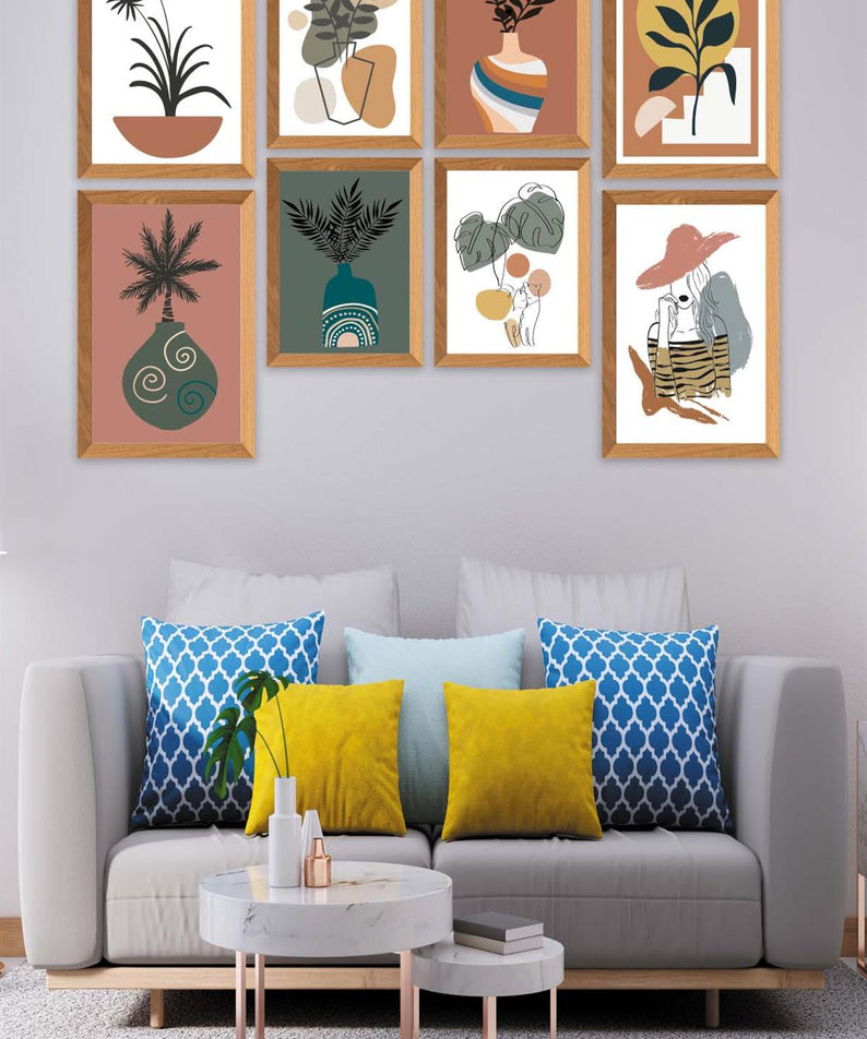 8 Parça Modern Sanatsal Bohem Tarzda (Ahşap çerçeve görünümlü) Uv Baskı Mdf Tablo Seti
