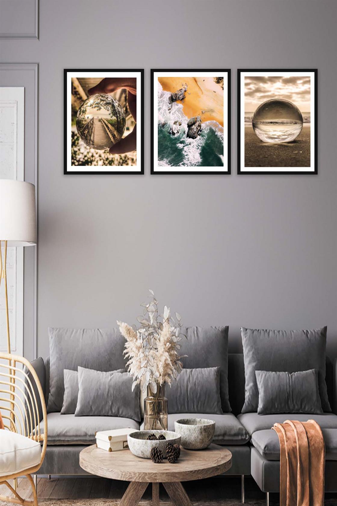 3 Parça Modern Tarzda Sanatsal Siyah Çerçeve Görünümlü Dijital Baskı Tablo Seti