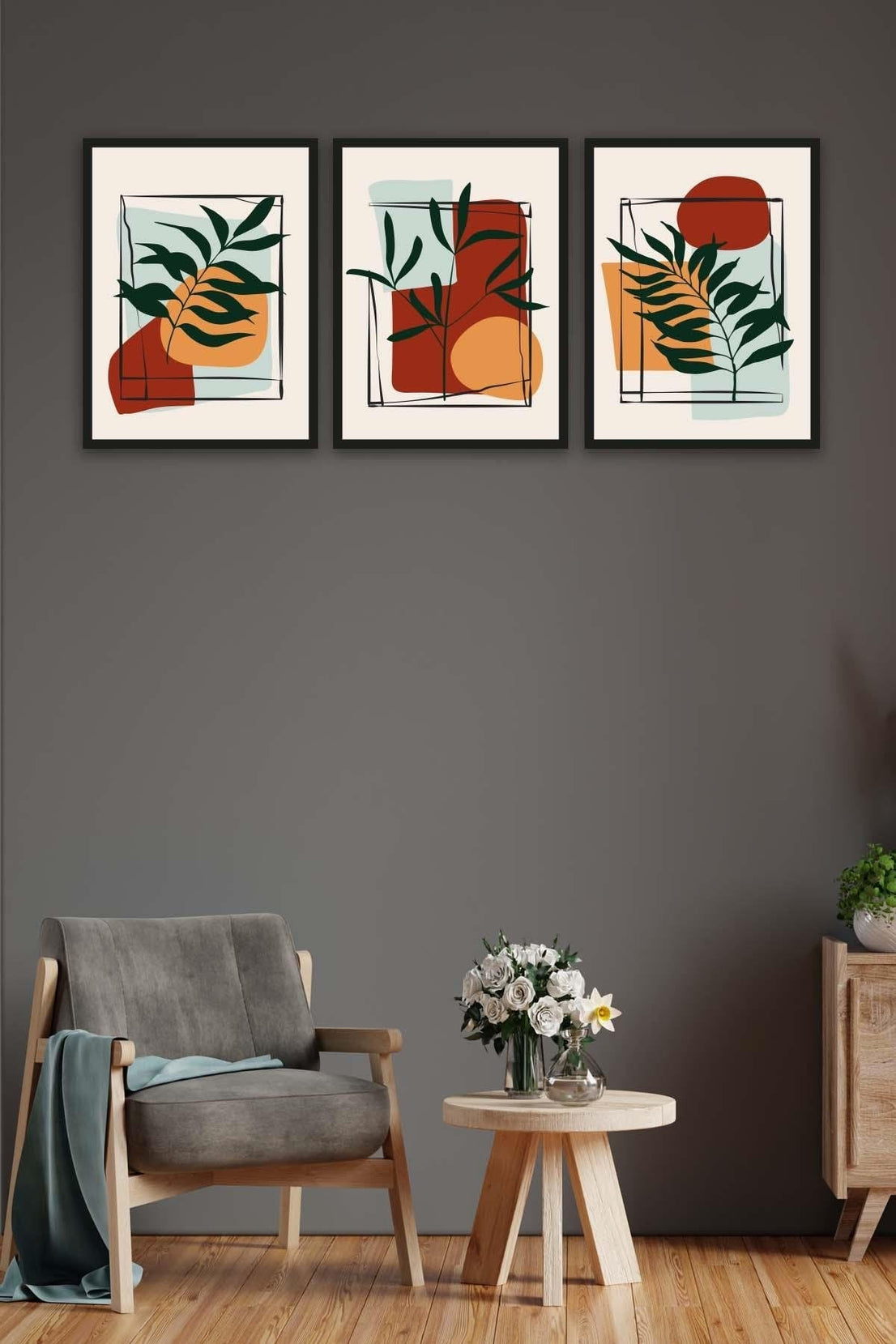 3 Parça Bohem Tarzında Siyah Çerçeve Görünümlü Tablo Seti