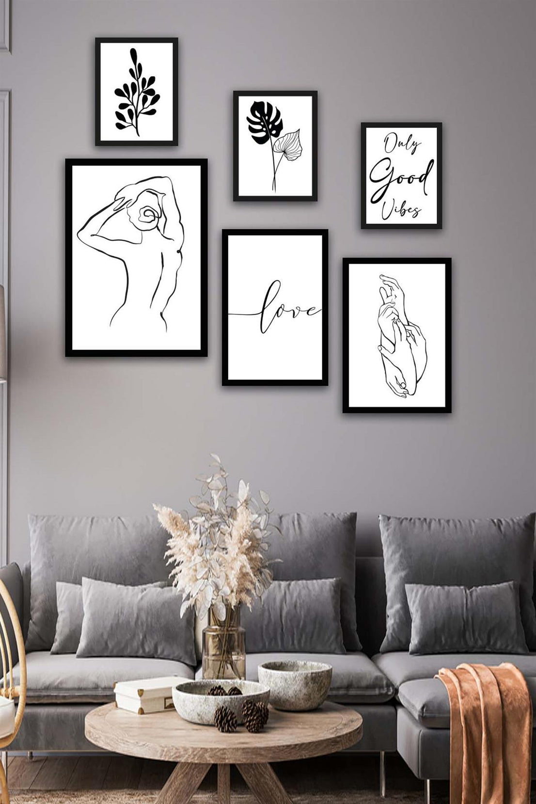 6 Parça Lineart Tarzda Sanatsal Siyah Çerçeve Görünümlü Uv Baskı Mdf Tablo Seti