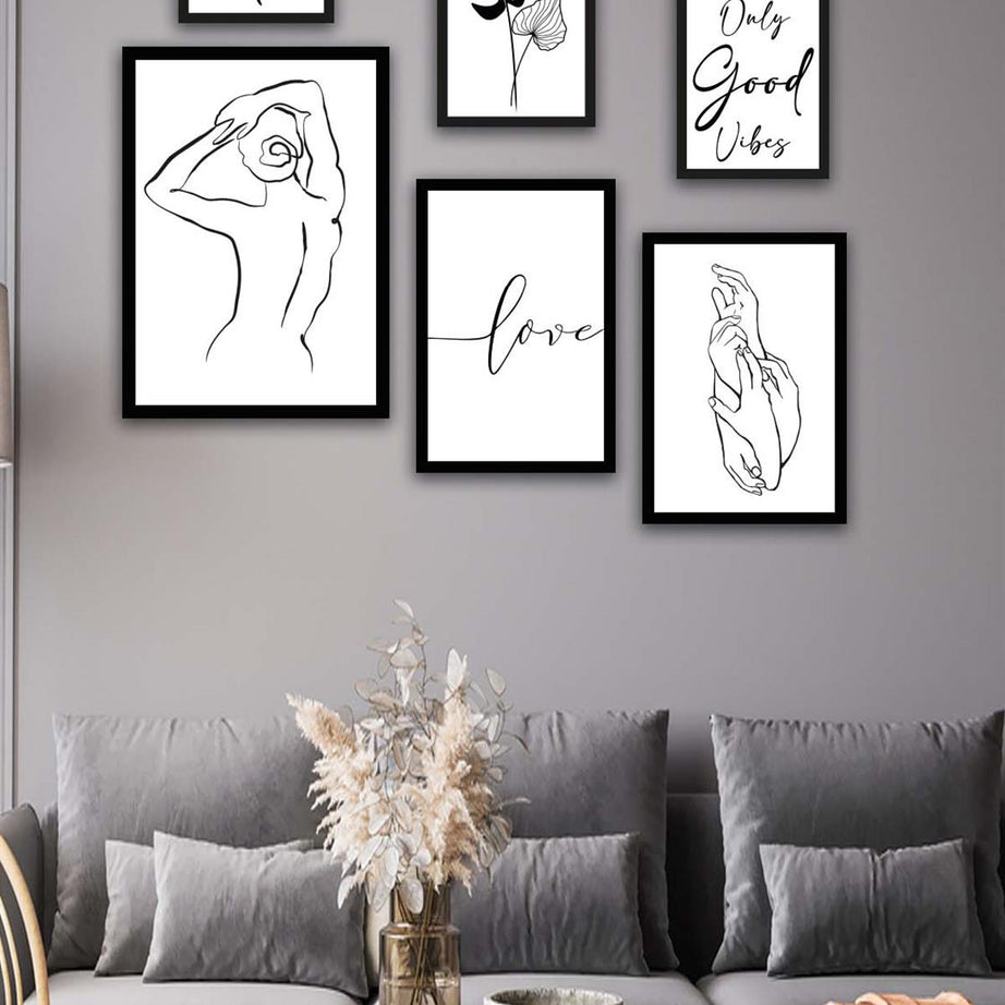 6 Parça Lineart Tarzda Sanatsal Siyah Çerçeve Görünümlü Uv Baskı Mdf Tablo Seti