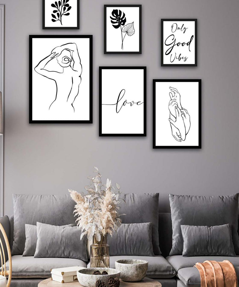 6 Parça Lineart Tarzda Sanatsal Siyah Çerçeve Görünümlü Uv Baskı Mdf Tablo Seti