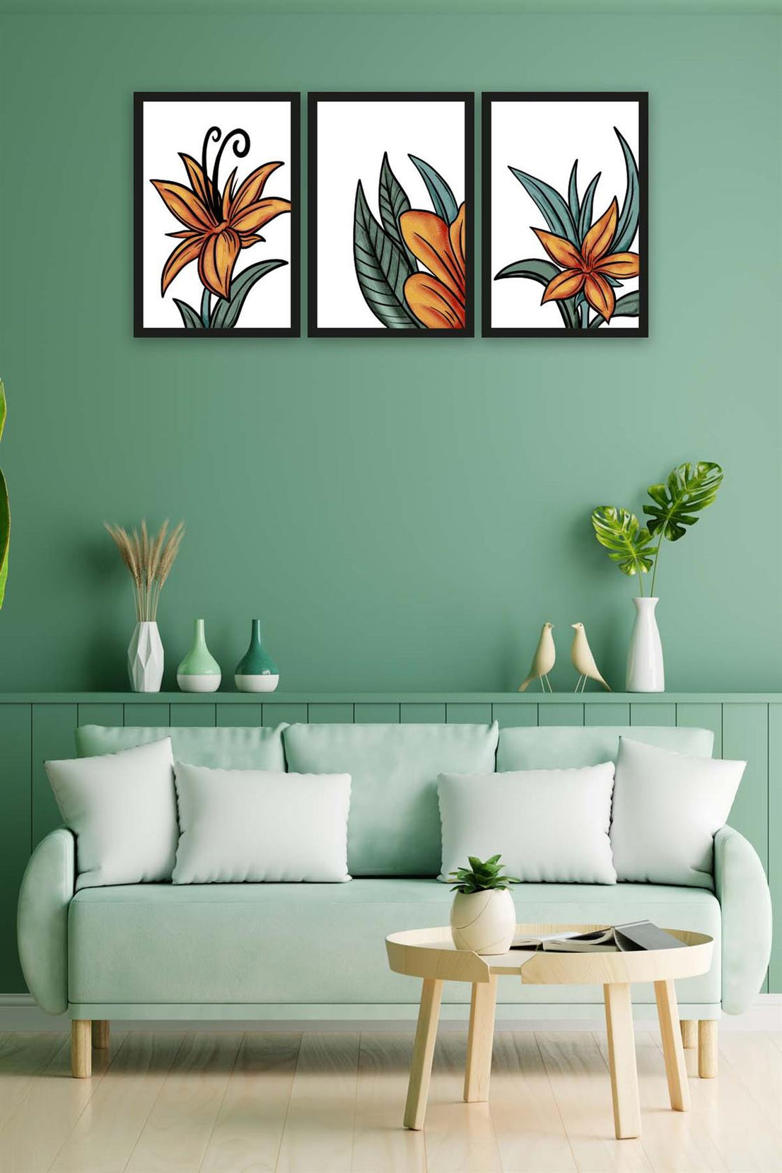 3 Parça Turuncu Yapraklı Çiçek Tarzda Sanatsal Siyah Çerçeve Görünümlü Uv Baskı Mdf Tablo Seti