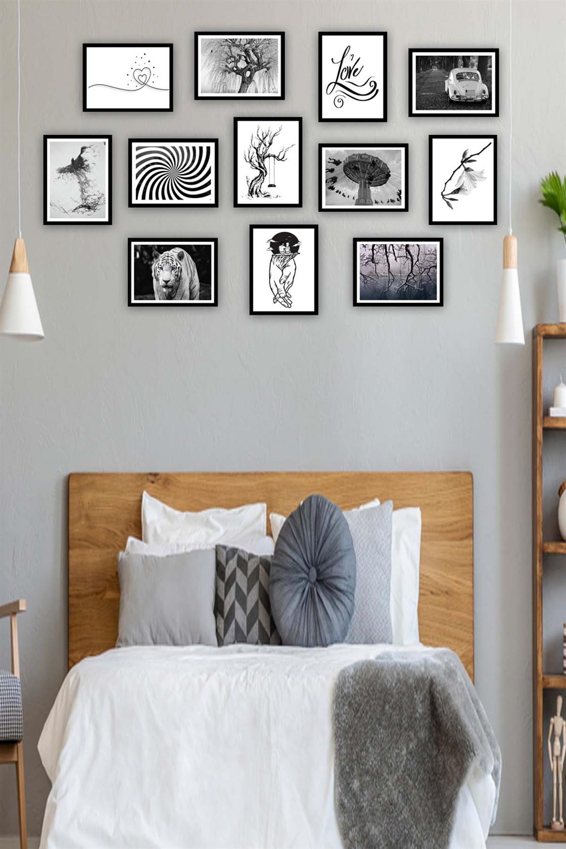 12 Parça Siyah Beyaz Çerçeve Görünümlü Tablo Seti