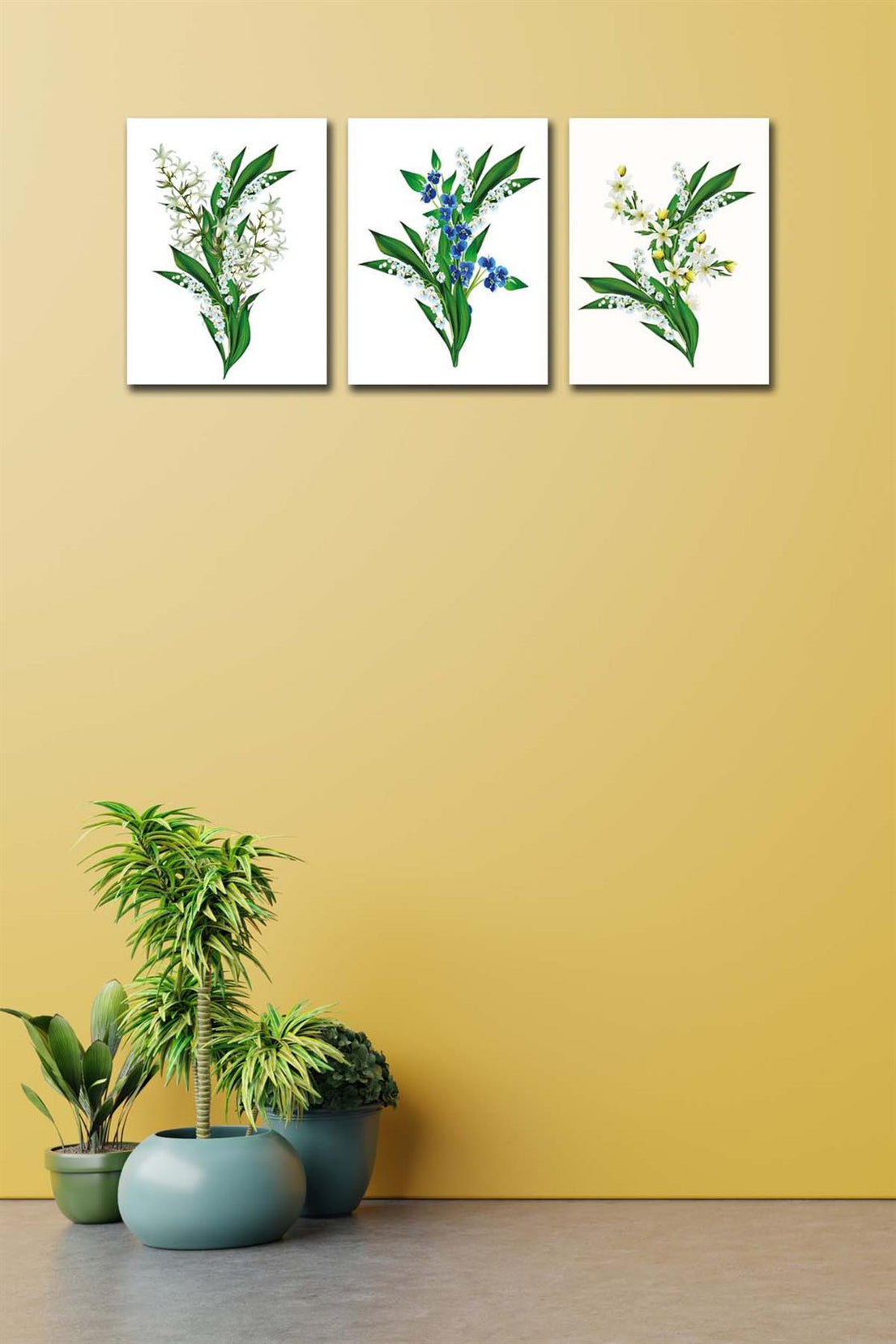 3 Parça Yeşil Çiçekler Tablo Seti