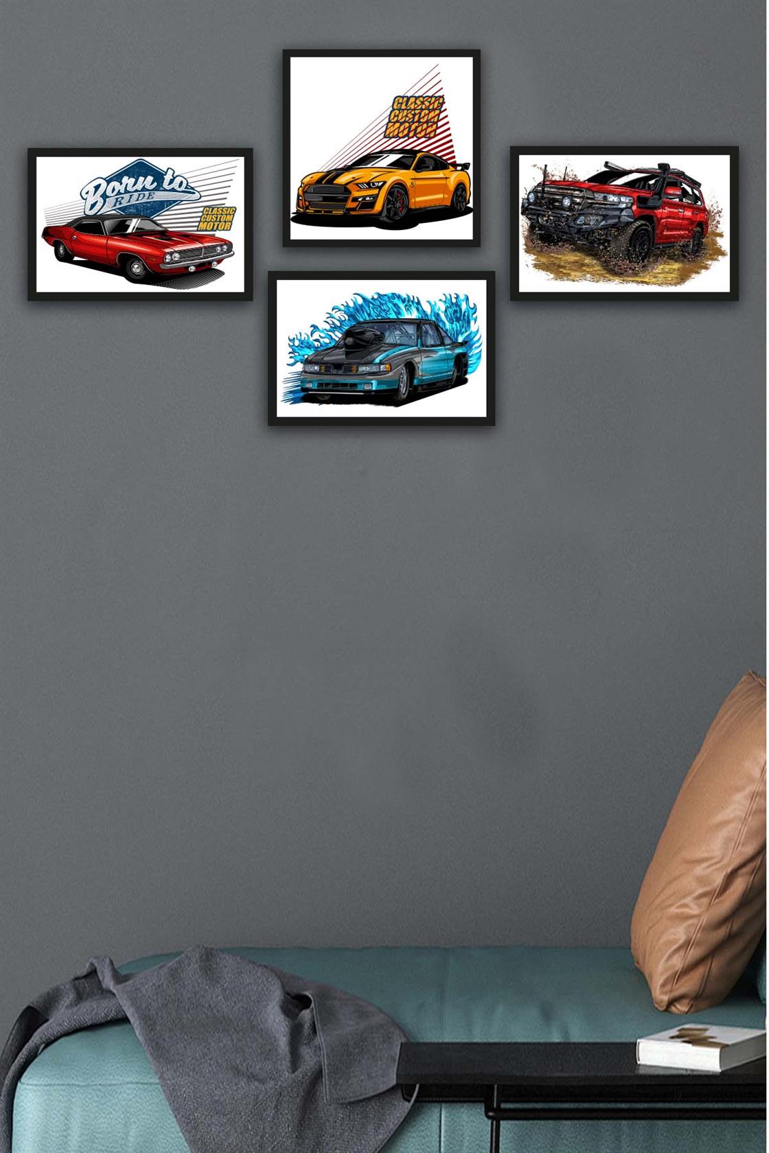 4 Parça Klasik Ve Yarış Arabaları Siyah Çerçeve Görünümlü Uv Baskı Mdf Tablo Seti