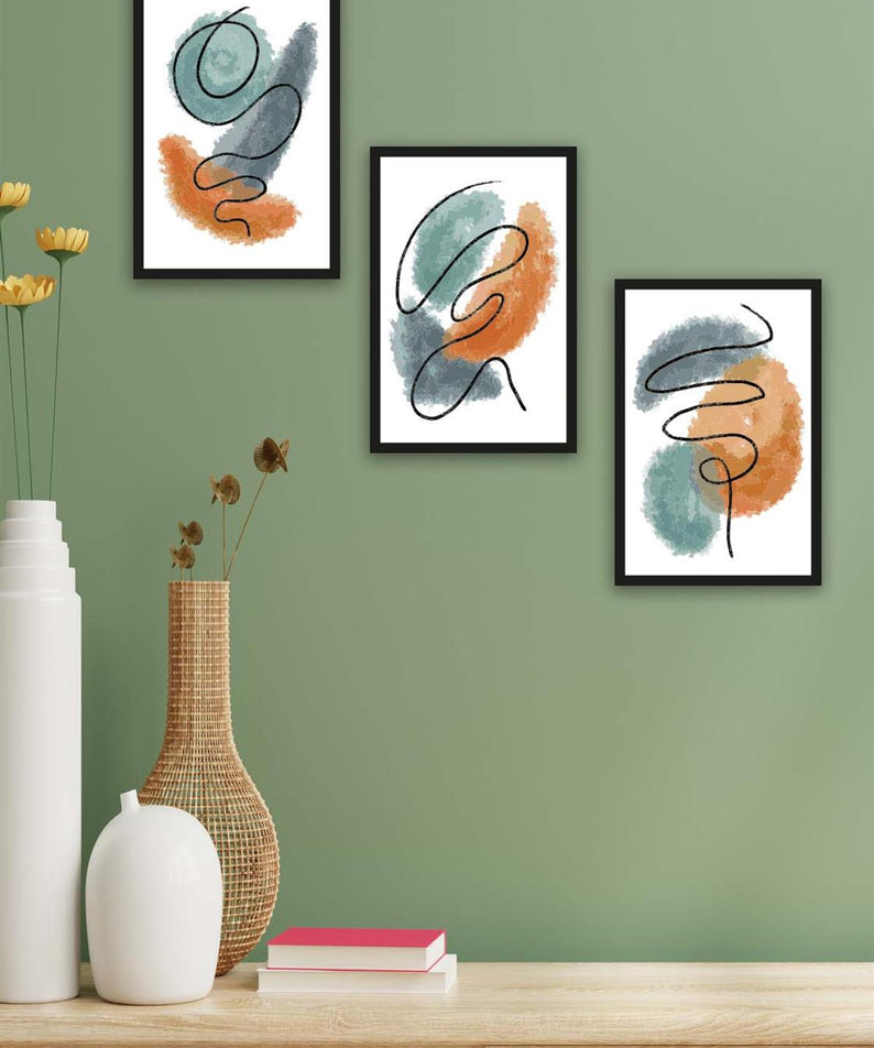 3 Parça Watercolur Tarzda Sanatsal Siyah Çerçeve Görünümlü Uv Baskı Mdf Tablo Seti