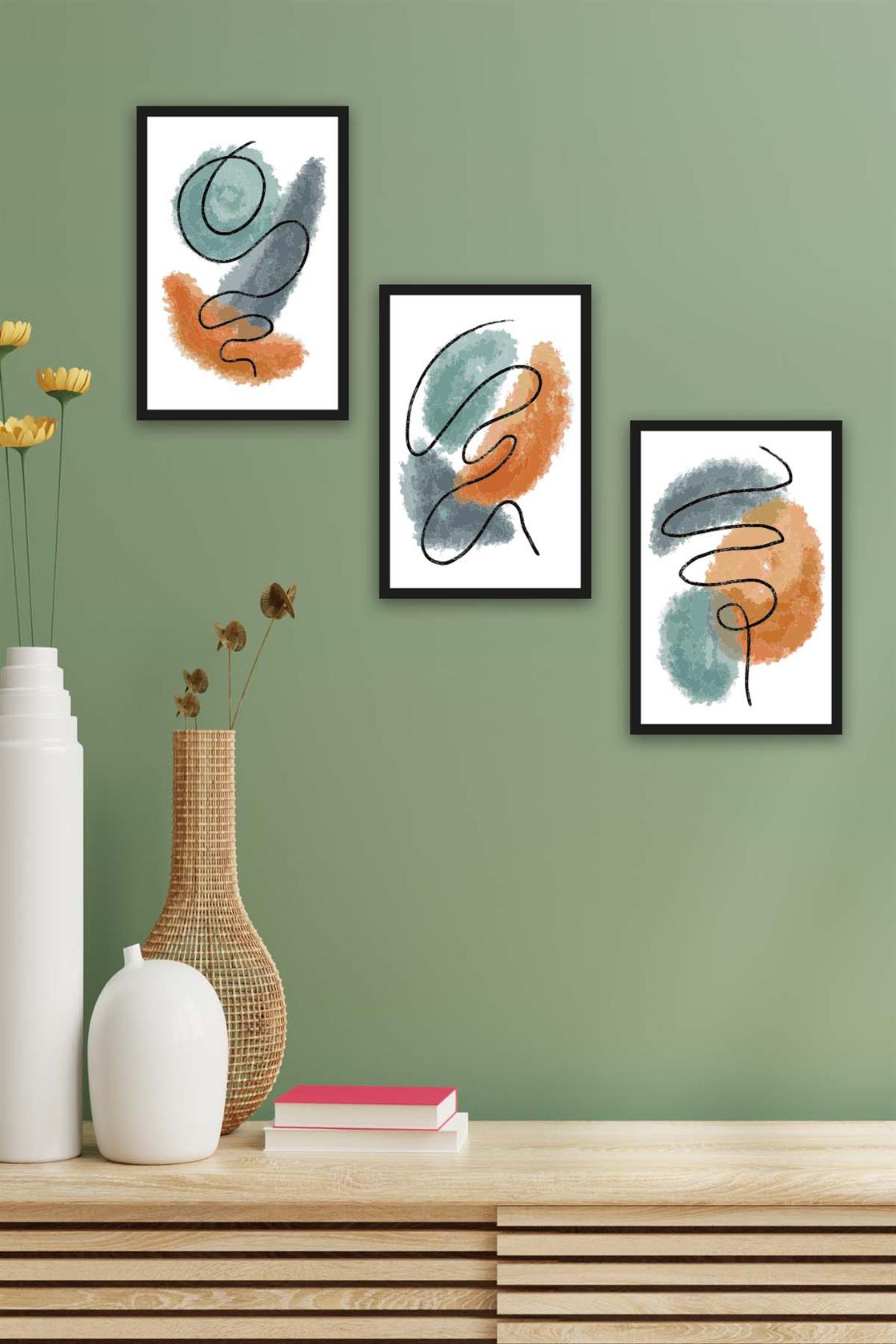3 Parça Watercolur Tarzda Sanatsal Siyah Çerçeve Görünümlü Uv Baskı Mdf Tablo Seti