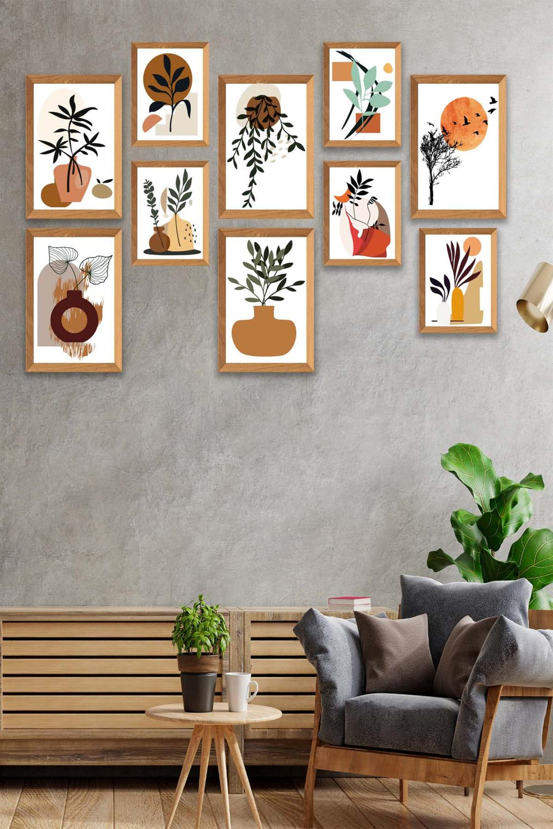 10 Parça Modern Sanatsal Bohem Tarzda (Ahşap çerçeve görünümlü) Uv Baskı Mdf Tablo Seti