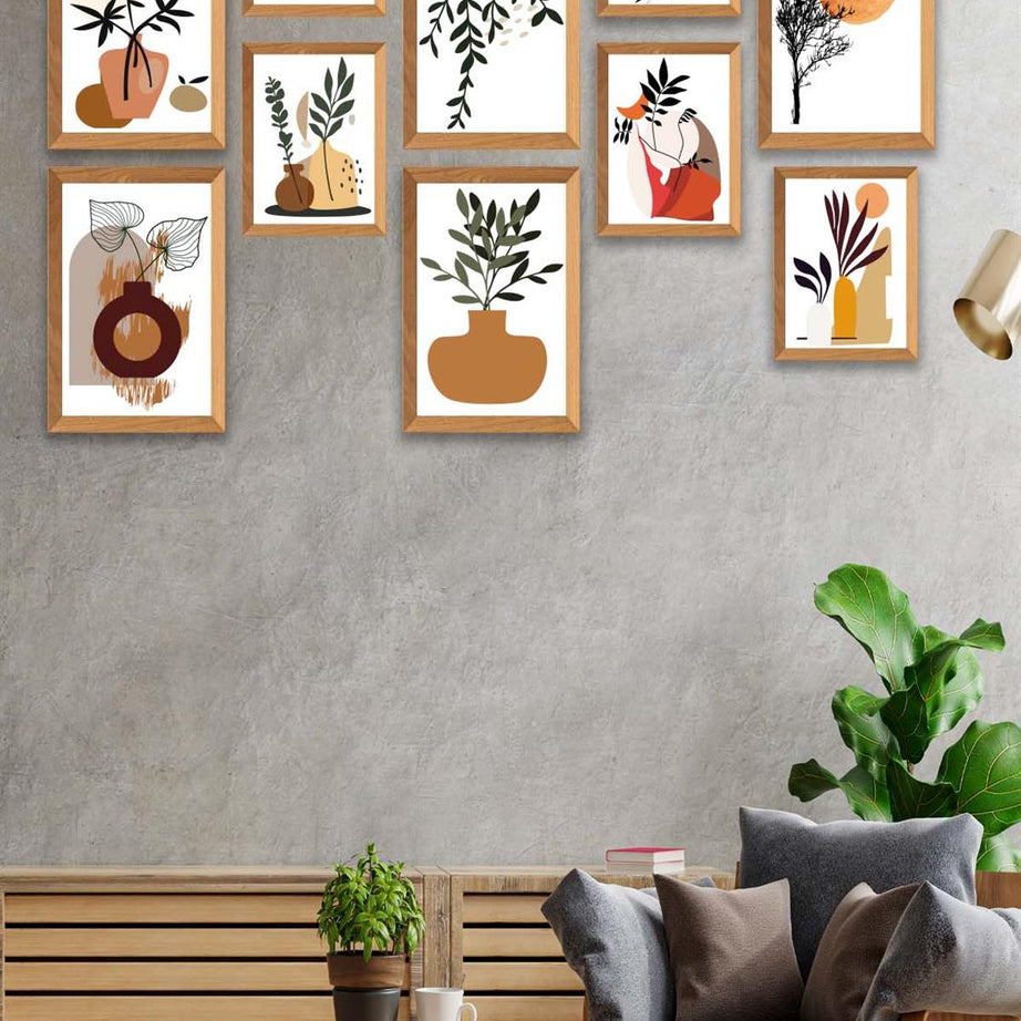 10 Parça Modern Sanatsal Bohem Tarzda (Ahşap çerçeve görünümlü) Uv Baskı Mdf Tablo Seti