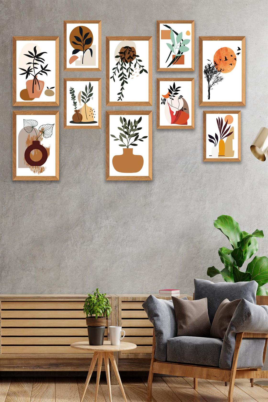 10 Parça Modern Sanatsal Bohem Tarzda (Ahşap çerçeve görünümlü) Uv Baskı Mdf Tablo Seti