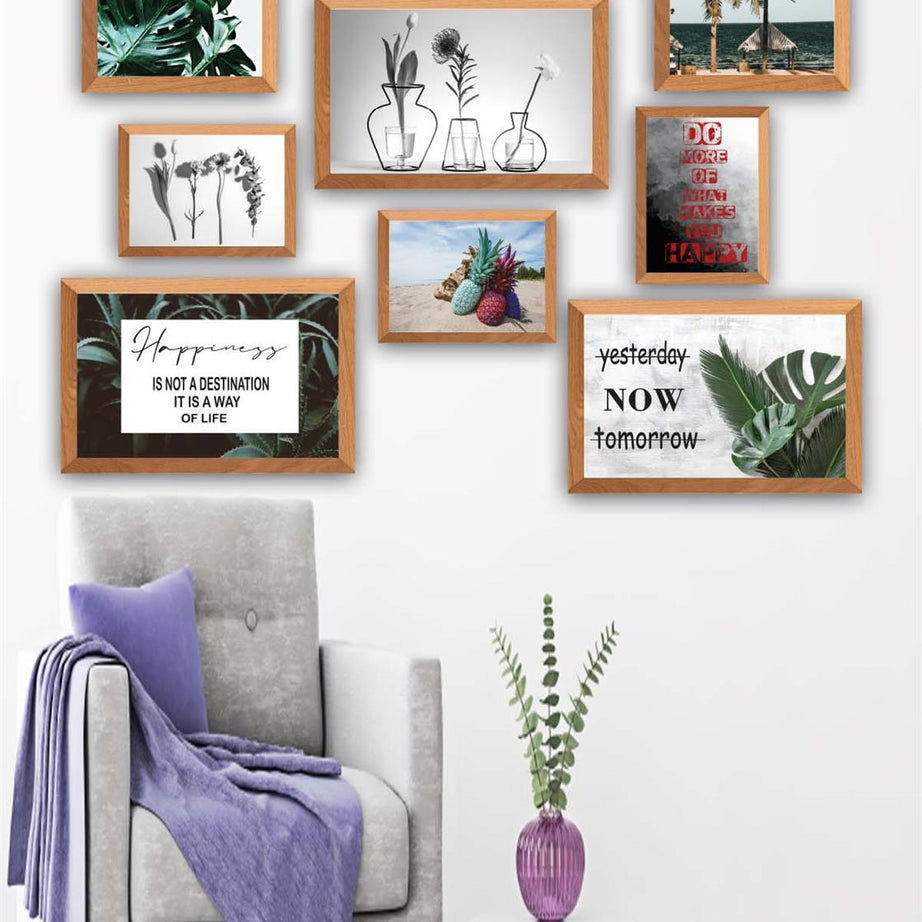 10 Parça Botanik Yaprak Modern Tarzda (Ahşap Çerçeve Görünümlü) Uv Baskı Tablo Seti