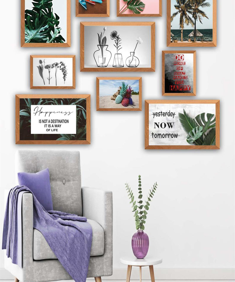 10 Parça Botanik Yaprak Modern Tarzda (Ahşap Çerçeve Görünümlü) Uv Baskı Tablo Seti