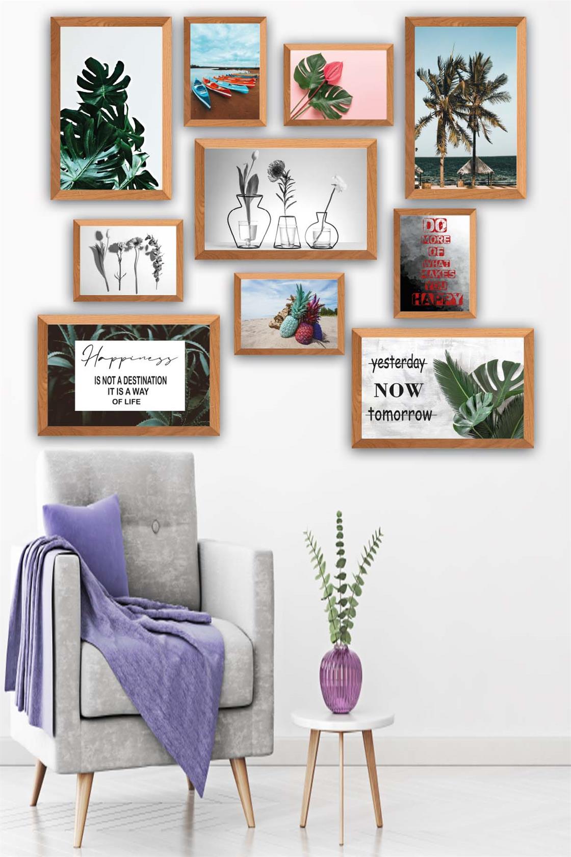 10 Parça Botanik Yaprak Modern Tarzda (Ahşap Çerçeve Görünümlü) Uv Baskı Tablo Seti